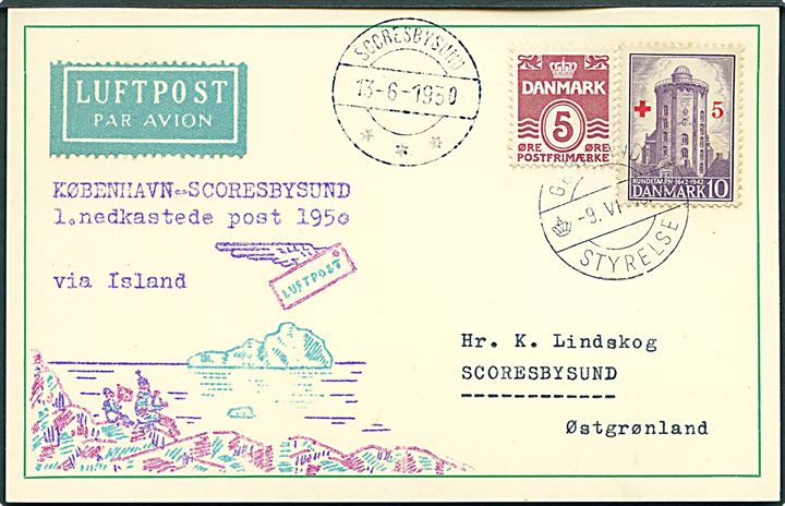 5 øre Bølgelinie og 10+5 øre Røde Kors provisorium på luftpost brevkort stemplet Grønlands Styrelse d. 9.6.1950 til Scoresbysund, Østgrønland. Påskrevet: 1. nedkastede post 1950 via Island. Ank.stemplet Scoresbysund d. 13.6.1950.