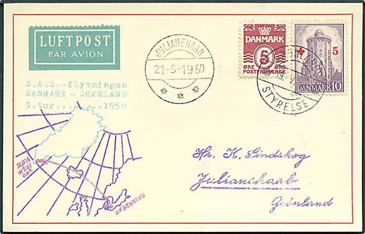 5 øre Bølgelinie og 10+5 øre Røde Kors provisorium på luftpostbrevkort sendt med 3. SAS flyvning Danmark-Grønland 1950 stemplet Grønlands Styrelse d. 19.7.1950 og ank.stemplet i Julianehaab d. 21.5.1950.