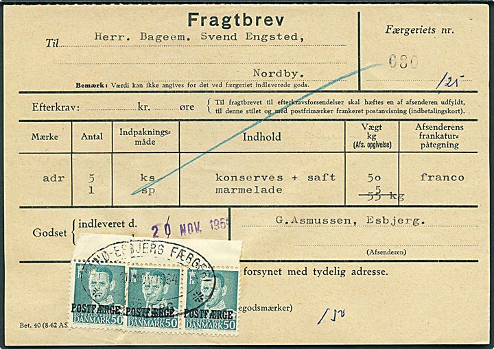 50 øre Fr. IX Postfærgemærke i 3-stribe på fragtbrev fra Esbjerg d. 20.11.1954 til Nordby, Fanø.