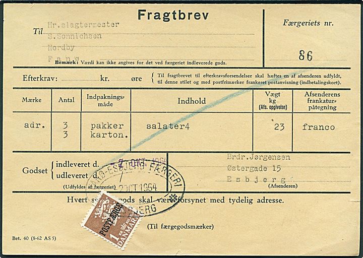 1 kr. Rigsvåben Postfærgemærke single på fragtbrev fra Esbjerg d. 2.10.1964 til Nordby, Fanø.