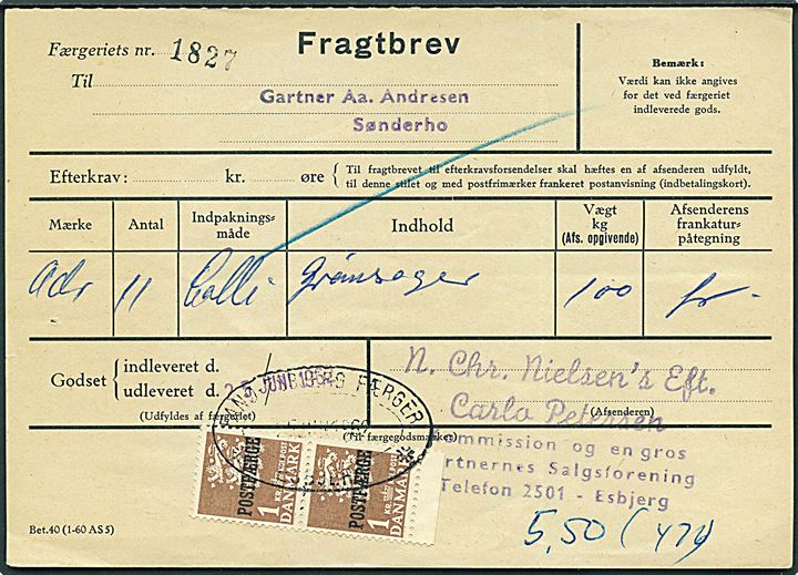 1 kr. Rigsvåben Postfærgemærke i parstykke på fragtbrev fra Esbjerg d. 15.6.1962 til Sønderho, Fanø.