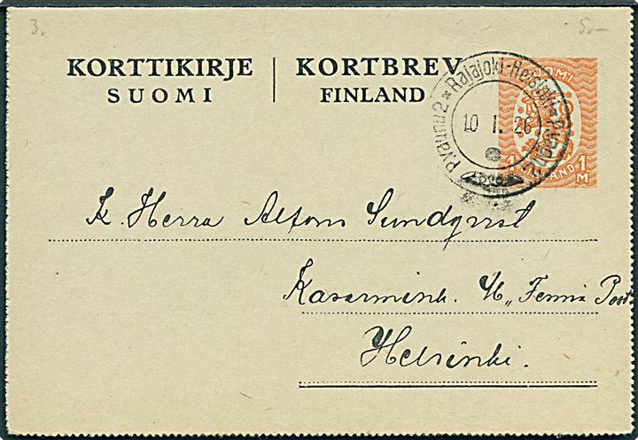 1 mk. helsagskorrespondancekort annulleret med 2-sproget bureaustempel P.Vaunu 2 Rajajoki-Helsinki d. 10.1.1926 til Helsinki.