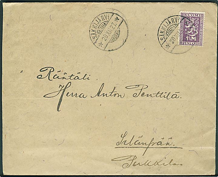 1½ mk. Jubilæums udg. på brev fra Säkkijärvi d. 20.12.1927 til Selänpää.