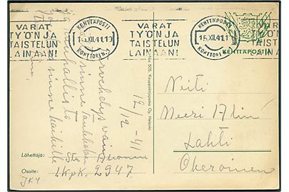 Ufrankeret fortrykt feltpostkort stemplet Kenttäposti Konttori N.1 d. 15.12.1941 til Lathi. Fra soldat ved KpK 1/2947 (=112.Kev.It.Ptri).