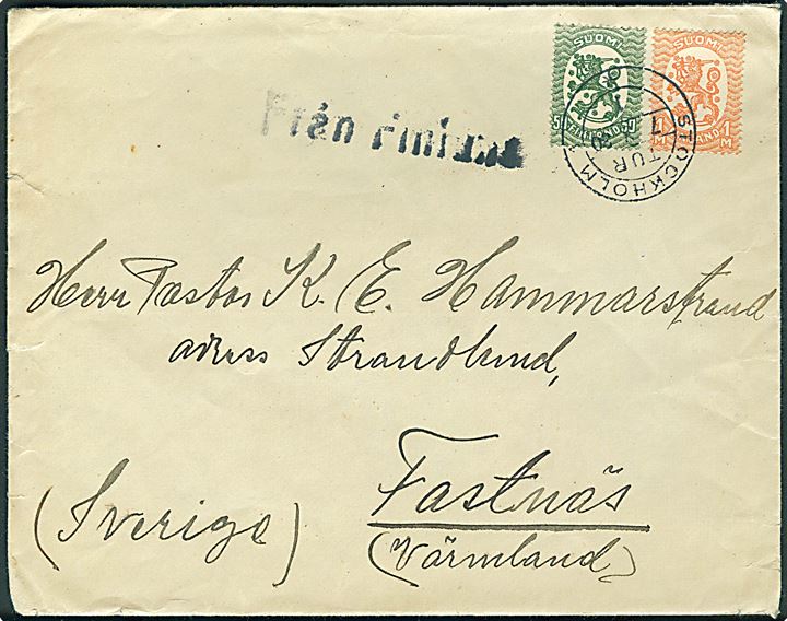 50 pen. og 1 mk. Løve på brev annulleret med svensk stempel i Stockholm d. 7.3.1930 og sidestemplet Från Finland til Fastnäs, Sverige. Bagklap mgl.