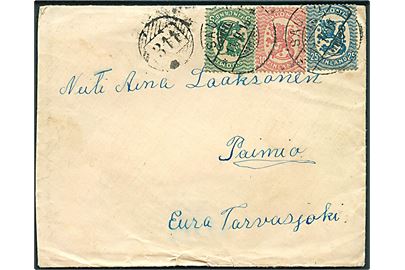 5 pen., 10 pen. og 25 pen. på brev stemplet Sauvo d. 11.2.1919 og sidestemplet med nr.stempel 311 til Paimio.