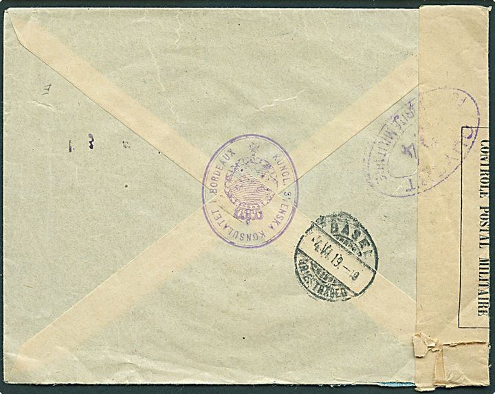 5 c. og 15 c. (3) på anbefalet brev fra Bordeaux d. 31.5.1919 til Basel, Schweiz. Fra det svenske konsulat i Bordeaux med stempler på både for- og bagside. Åbnet af fransk censur.