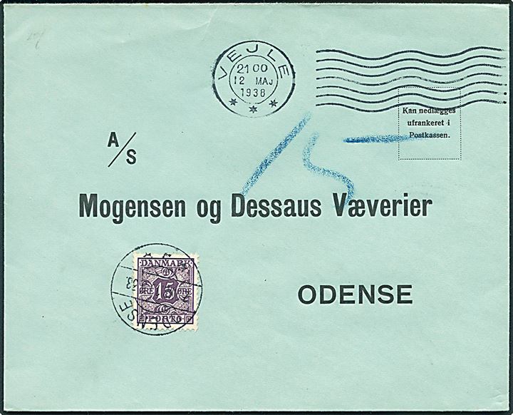 Ufrankeret svarkuvert fra Vejle d. 12.5.1938 til Odense. Udtakseret i enkeltporto med 15 øre Portomærke stemplet Odense d. 13.5.1938.