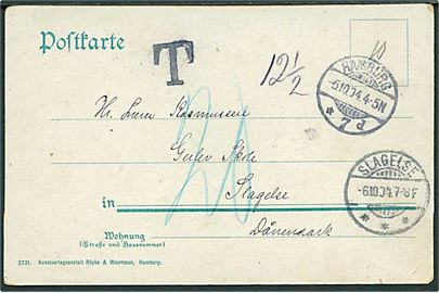 Ufrankeret brevkort fra Hamburg d. 5.10.1904 til Slagelse. Sort T-stempel og udtakseret i 20 øre dansk porto.