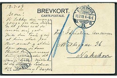 Ufrankeret brevkort fra Kjøbenhavn d. 18.7.1909 til Nakskov. Udtakseret i 10 øre porto.