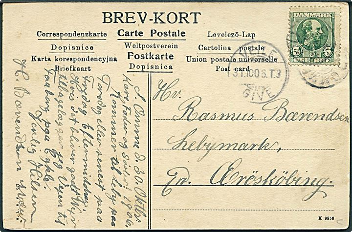 Parti fra Sønder Omme. H. L. B. V. no. 91?.  5 øre Chr. IX på brevkort annulleret med svagt stjernestempel SØNDER OMME og UHE, samt sidestemplet bureau Veile - Give T.3 d. 31.10.1906 til Ærø.