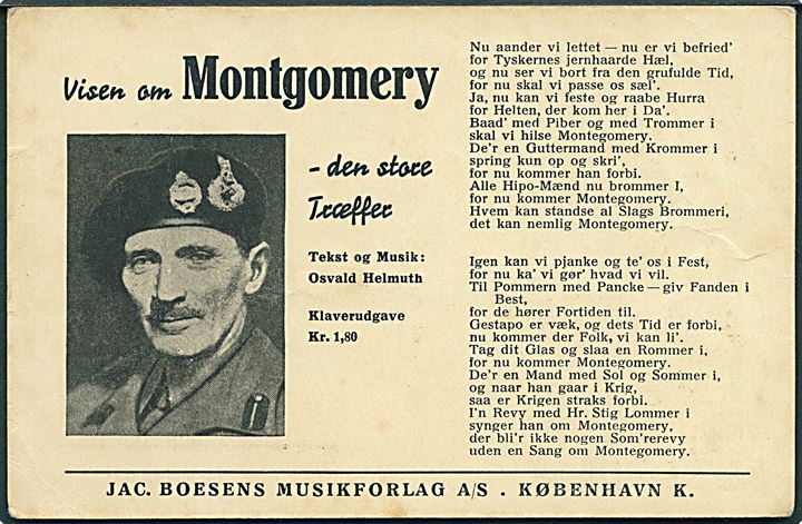 Visen om  Montgomery - Den store træffer. Tekst og musik. Osvald Helmuth. Jac. Boesens Musikforlag no. 285. 