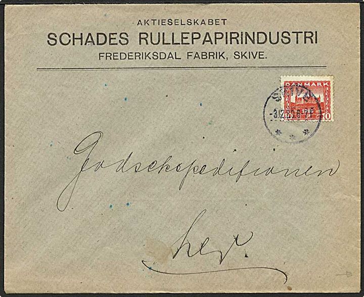 10 øre Genforening på firmakuvert Schades Rullepapirindustri sendt lokalt i Skive d. 3.12.1920.