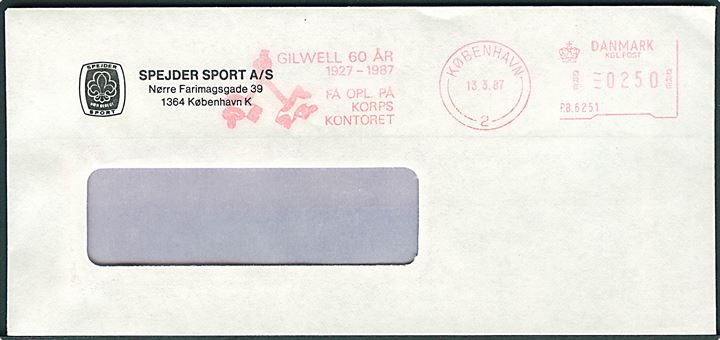 2,50 kr. firmafranko Gilwell 60 år 1927-1987 få opl. på korps kontoret på rudekuvert fra Spejder Sport A/S i København d. 13.3.1987.