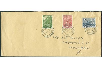 Komplet sæt Frihedsfonden på aflang kuvert annulleret Den danske Brigade / 4 / * i Tyskland * d. 23.10.1947 til København. Fra den danske forlægning i Varel.