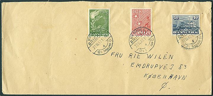 Komplet sæt Frihedsfonden på aflang kuvert annulleret Den danske Brigade / 4 / * i Tyskland * d. 23.10.1947 til København. Fra den danske forlægning i Varel.