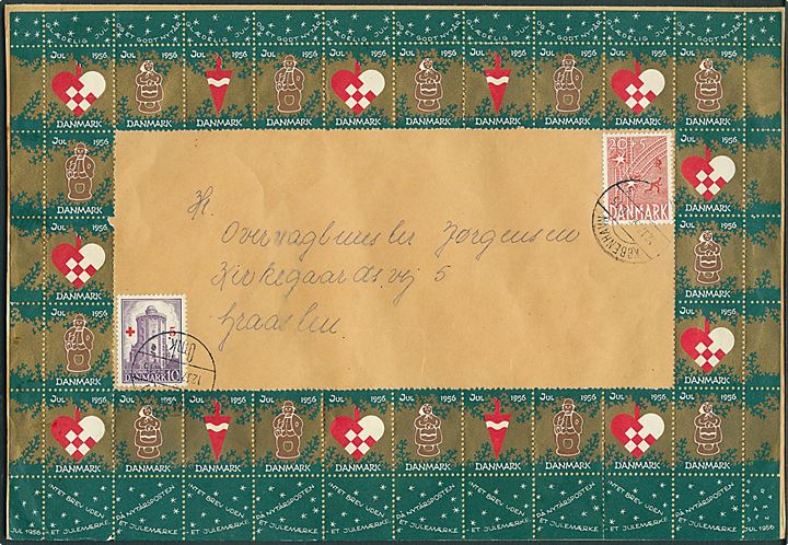 10+5 øre Røde Kors Provisorium og 20+5 øre Frihedsfonden, samt Julemærke 1956 (26) på stor kuvert fra København d. 24.12.1956 til Gråsten.