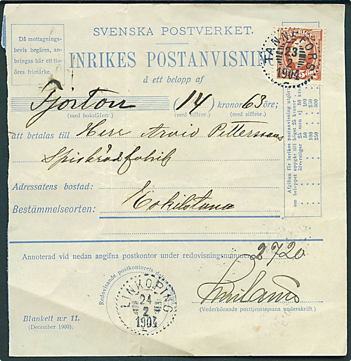 25 öre Oscar single på Postanvisning fra Tannefors d. 23.2.1904 via Linköping til Eskilstuna.