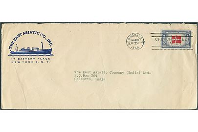5 cents Denmark på illustreret firmakuvert fra ØK i New York d. 18.3.1946 til ØK's kontor i Calcutta, Indien.
