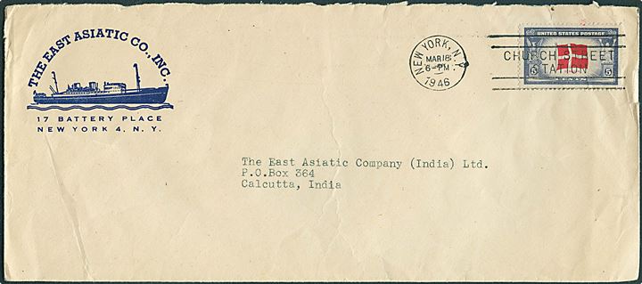 5 cents Denmark på illustreret firmakuvert fra ØK i New York d. 18.3.1946 til ØK's kontor i Calcutta, Indien.