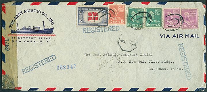5 cents Denmark, 10 cents Tyler, 20 cents Garfield (2) og 50 cents Taft (2) på fortrykt firma luftpostkuvert fra ØK sendt anbefalet fra New York d. 3.3.1944 via Miami til ØK's kontor i Calcutta, Indien. Åbnet af amerikansk censur no. 6971.