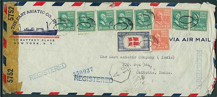 5 cents Denmark, 10 cents Tyler (2) og 20 cents Garfield (7) på fortrykt firma luftpostkuvert fra ØK sendt anbefalet fra New York d. 1.3.1944 via Miami til ØK's kontor i Calcutta, Indien. Åbnet af amerikansk censur no. 5752.