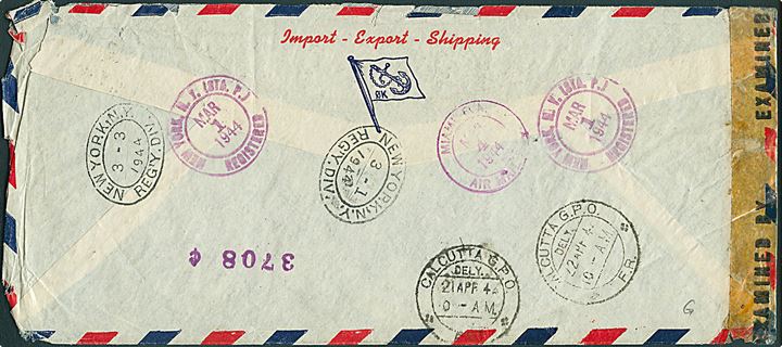 5 cents Denmark, 10 cents Tyler (2) og 20 cents Garfield (7) på fortrykt firma luftpostkuvert fra ØK sendt anbefalet fra New York d. 1.3.1944 via Miami til ØK's kontor i Calcutta, Indien. Åbnet af amerikansk censur no. 5752.