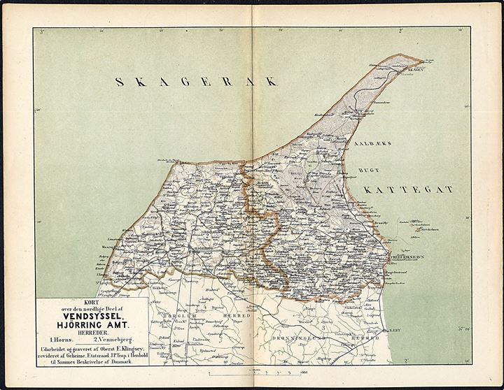 Vensyssel med nordlige del af Hjørring Amt. Flerfarvet kort 22x28½ cm fra Trap Danmark 2. udg. (1872-1879). Fold.