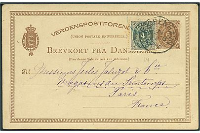 6 øre helsagsbrevkort opfrankeret med 4 øre Tofarvet fra Kjøbenhavn d. 20.3.1894 til Paris, Frankrig.