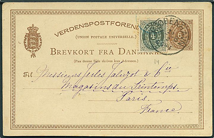 6 øre helsagsbrevkort opfrankeret med 4 øre Tofarvet fra Kjøbenhavn d. 20.3.1894 til Paris, Frankrig.