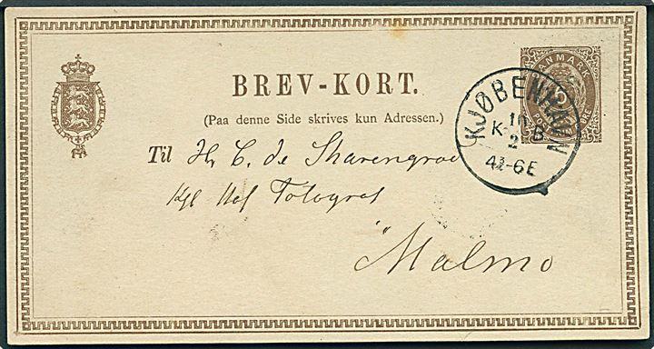 6 øre helsagsbrevkort annulleret med lapidar Kjøbenhavn KB d. 10.2.1879 til Malmö, Sverige.