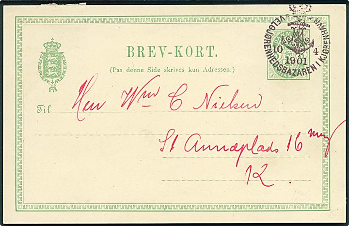 5 øre Våben helsagsbrevkort annulleret med særstempel Velgjørenhedsbazaren i Kjøbenhavn d. 10.4.1901.