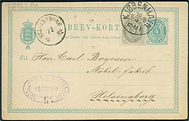 4 øre helsagsbrevkort opfrankeret med 3 øre Tofarvet annulleret med lapidar Kjøbenhavn KB d. 22.3.1882 til Helsingborg, Sverige.