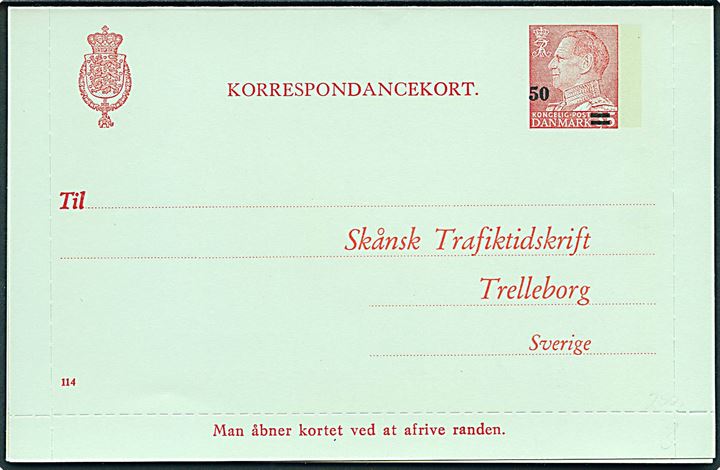 50/35 øre provisorisk helsagskorrespondancekort (fabr. 114) med tiltryk fra Skånsk Trafiktidskrift, Trelleborg. Ubrugt. Skilling: 500,-