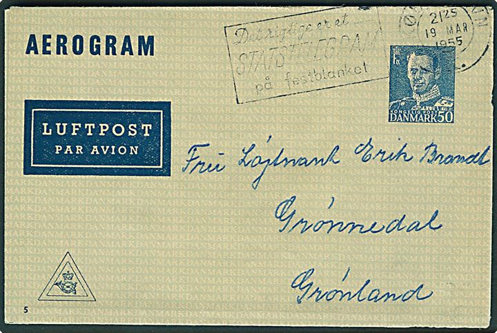 50 øre Fr. IX helsags aerogram (fabr. 5) fra København d. 19.3.1955 til Grønnedal, Grønland.