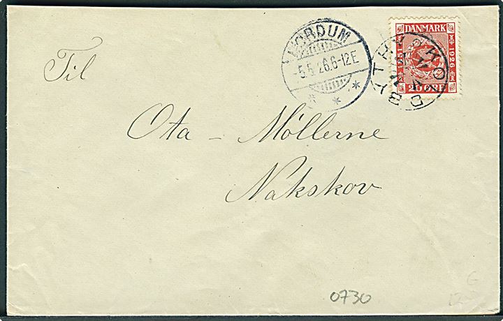 20 øre Frimærkejubilæum på brev annulleret med stjernestempel KOLDBY THY og sidestemplet Hørdum d. 5.5.1926 til Nakskov.
