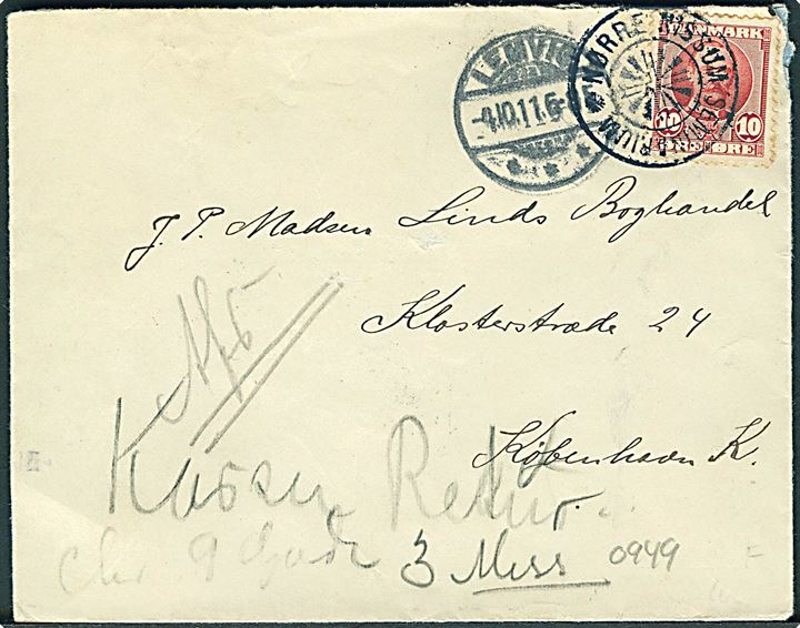 10 øre Fr. VIII på brev annulleret med stjernestempel NØRRE NISSUM SEMINARIUM og sidestemplet Lemvig d. 4.10.1911 til København.