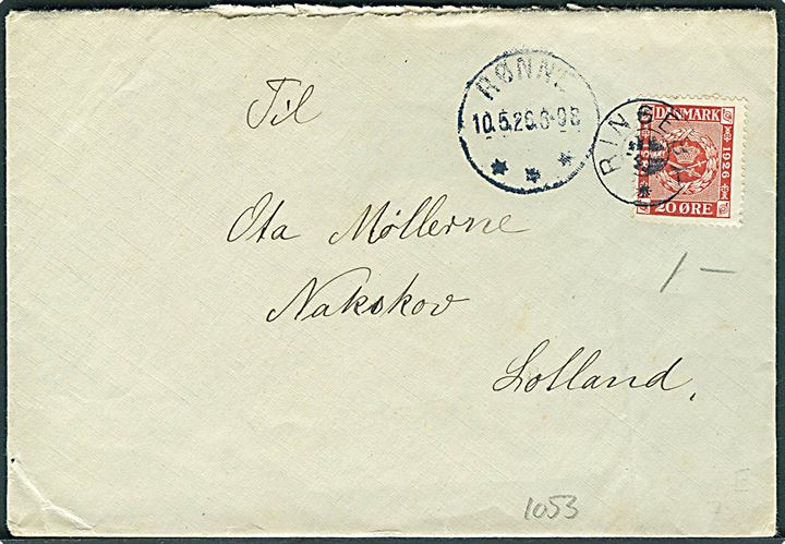 20 øre Frimærkejubilæum på brev annulleret med stjernestempel RINGEBY og sidestemplet Rønne d. 10.5.1926 til Nakskov.