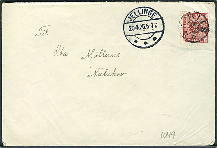20 øre Frimærkejubilæum på brev annulleret med stjernestempel RIIS og sidestemplet Jellinge d. 20.4.1926 til Nakskov.