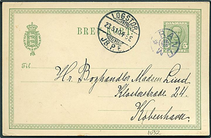 5 øre Fr. VIII helsagsbrevkort fra Ranum Seminarium annulleret med stjernestempel RANUM og sidestemplet Løgstør JB.P.E. d. 23.5.1910 til København.