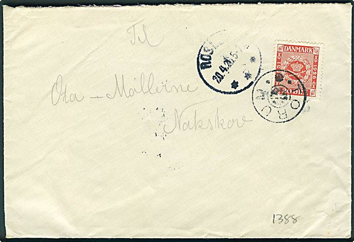 20 øre Frimærkejubilæum på brev annulleret med stjernestempel TORUM og sidestemplet Roslev d. 20.4.1926 til Nakskov.