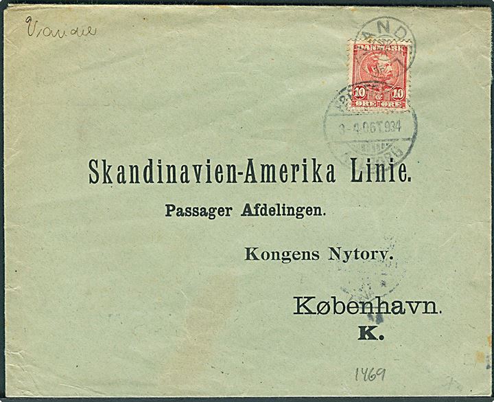 10 øre Chr. IX på brev annulleret med stjernestempel VANDEL og sidestemplet med bureau Fredericia - Aalborg T.934 d. 3.4.1906 til København.