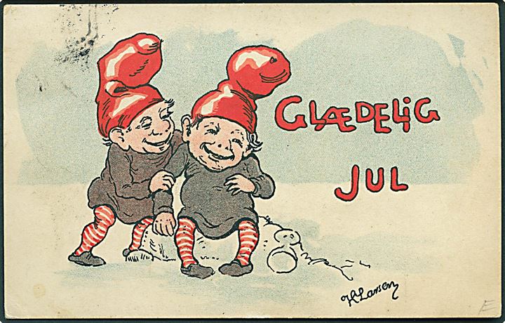 5 øre Bølgelinie og Julemærke 1912 på julekort (Larsen, Henrik: To nisser. Alex. Vincent serie 319-1) annulleret med esrom-type stempel VTOFTE 1912 til Rønnede.