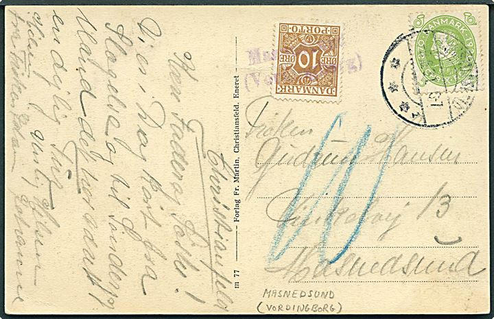 5 øre Chr. X 60 år på underfrankeret brevkort fra Christiansfeld d. 5.6.1931 til Masnedsund. Udtakseret i porto med 10 øre Portomærke annulleret med violet kontorstempel: Masnedsund (Vordingborg).
