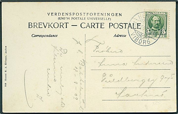 5 øre Fr. VIII på brevkort fra Bækkelund annulleret med bureaustempel Herning - Viborg T.1149 d. 18.8.1909 til Aarhus.