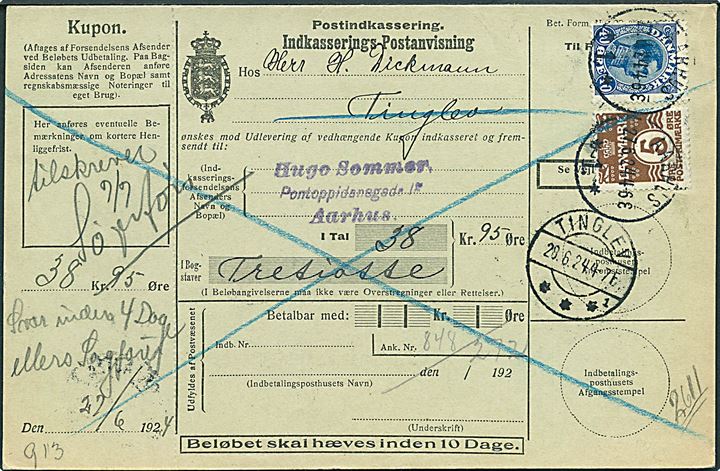 5 øre Bølgelinie og 40 øre Chr. X på retur Indkasserings-Postanvisning fra Aarhus d. 27.6.1924 til Tinglev.