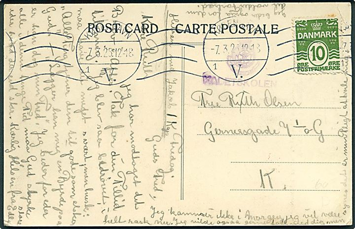 10 øre Bølgelinie på lokalt brevkort i København d. 7.3.1925 med sidestempel: Kadetskolen (Frelsens Hær).