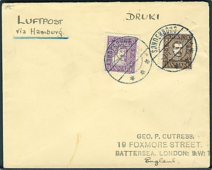 15 øre Chr. IV og 20 øre Chr. X Postjubilæum på luftpost tryksag fra Sønderborg d. 7.1.1925 til London, England. Påskrevet via Hamburg.