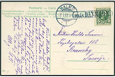 5 øre Chr. IX på brevkort annulleret med skibsstempel Från Danmark og sidestemplet Malmö d. 7.1.1907 til Ronneby, Sverige.