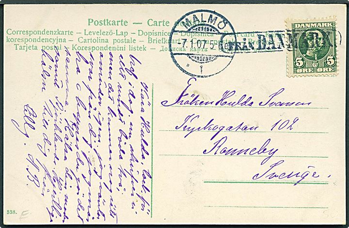 5 øre Chr. IX på brevkort annulleret med skibsstempel Från Danmark og sidestemplet Malmö d. 7.1.1907 til Ronneby, Sverige.